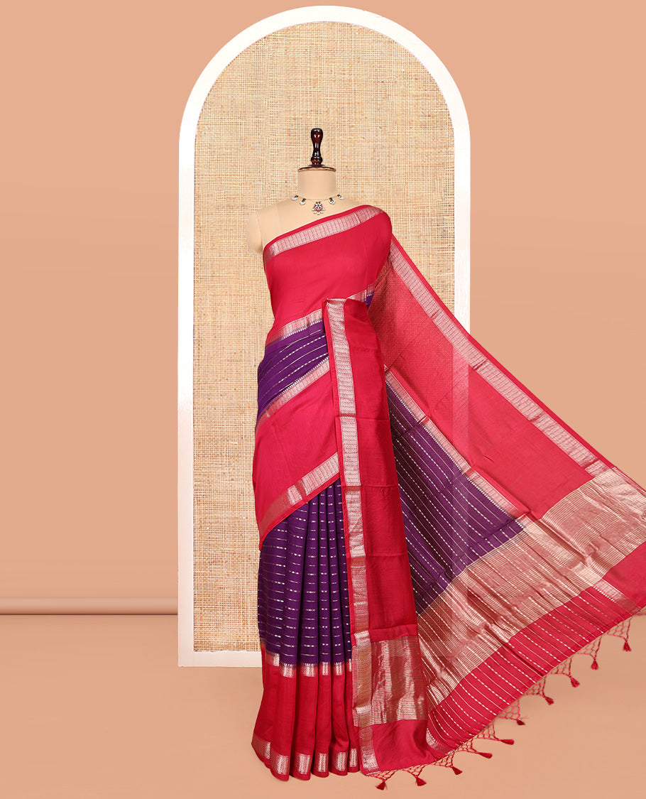 Violet Assam Silk Saree, Spotlighted with Zari Stripes, Complemented by a Contrast Zari Traditional Woven Border, Zari-Striped Pallu, and a Matching Blouse