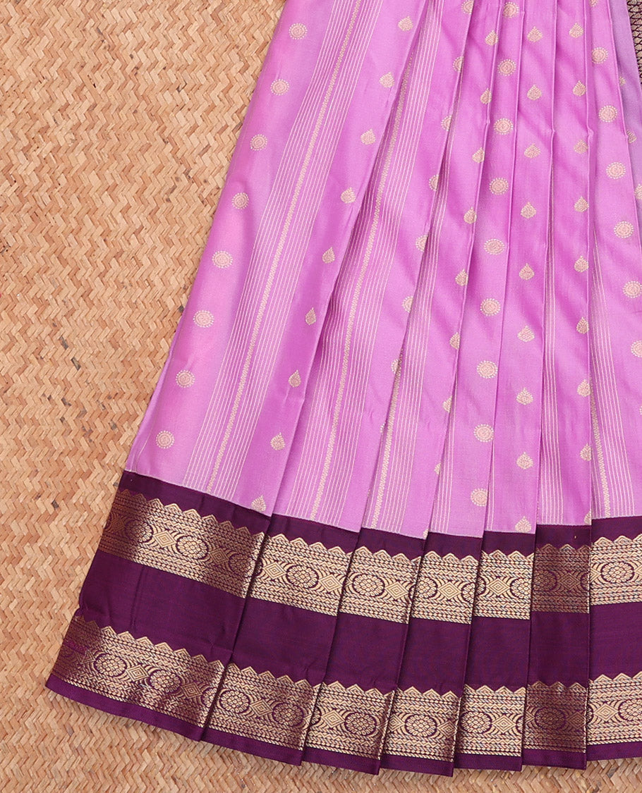 Pink Budget Silk Saree, Embellished with Buttas and Stripes, Complemented by a Contrast Traditional Rettai Pettu Border, Grand Pallu, and a Contrast Blouse