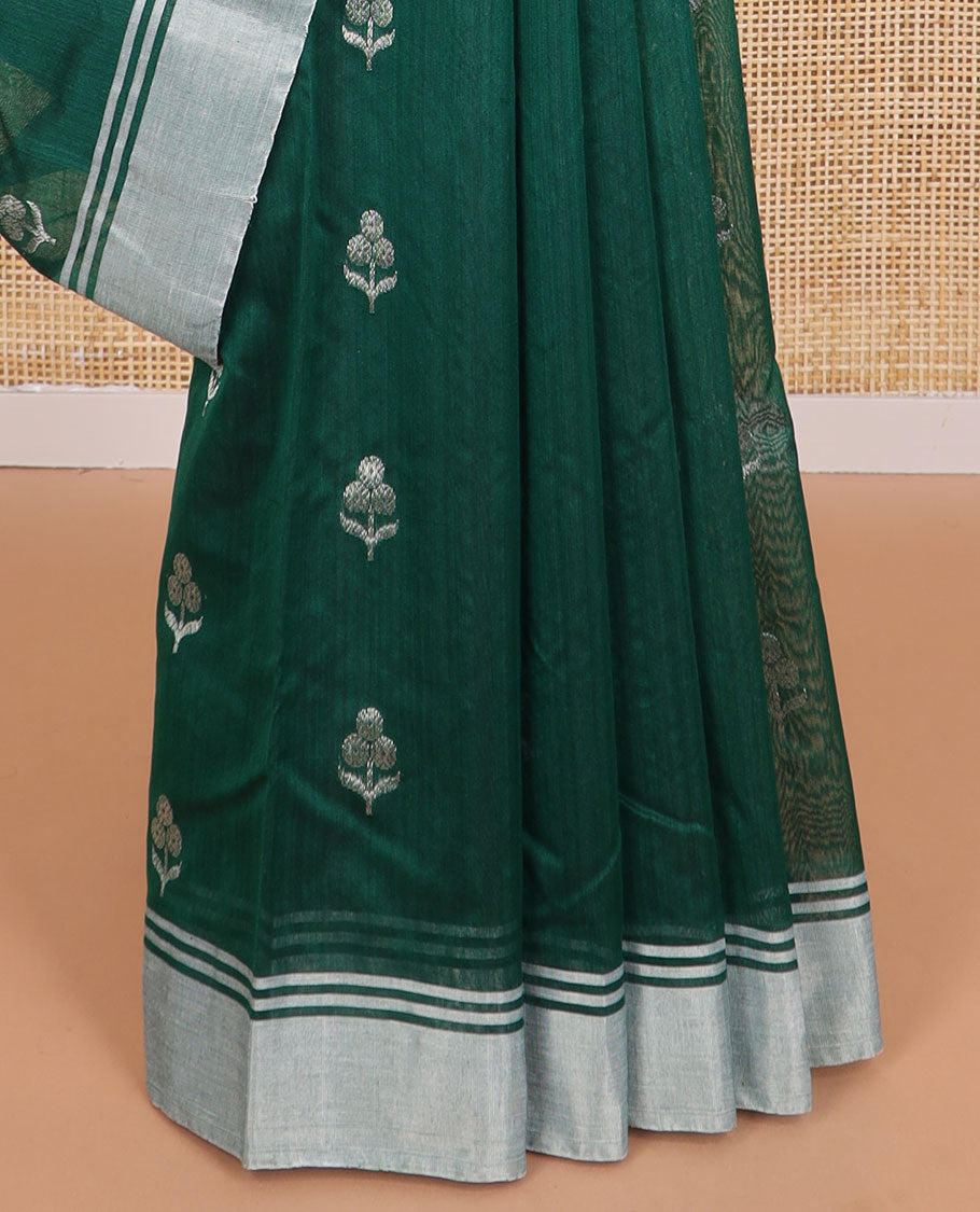 Dark green floral design chanderi cotton saree with self zari border & striped pallu