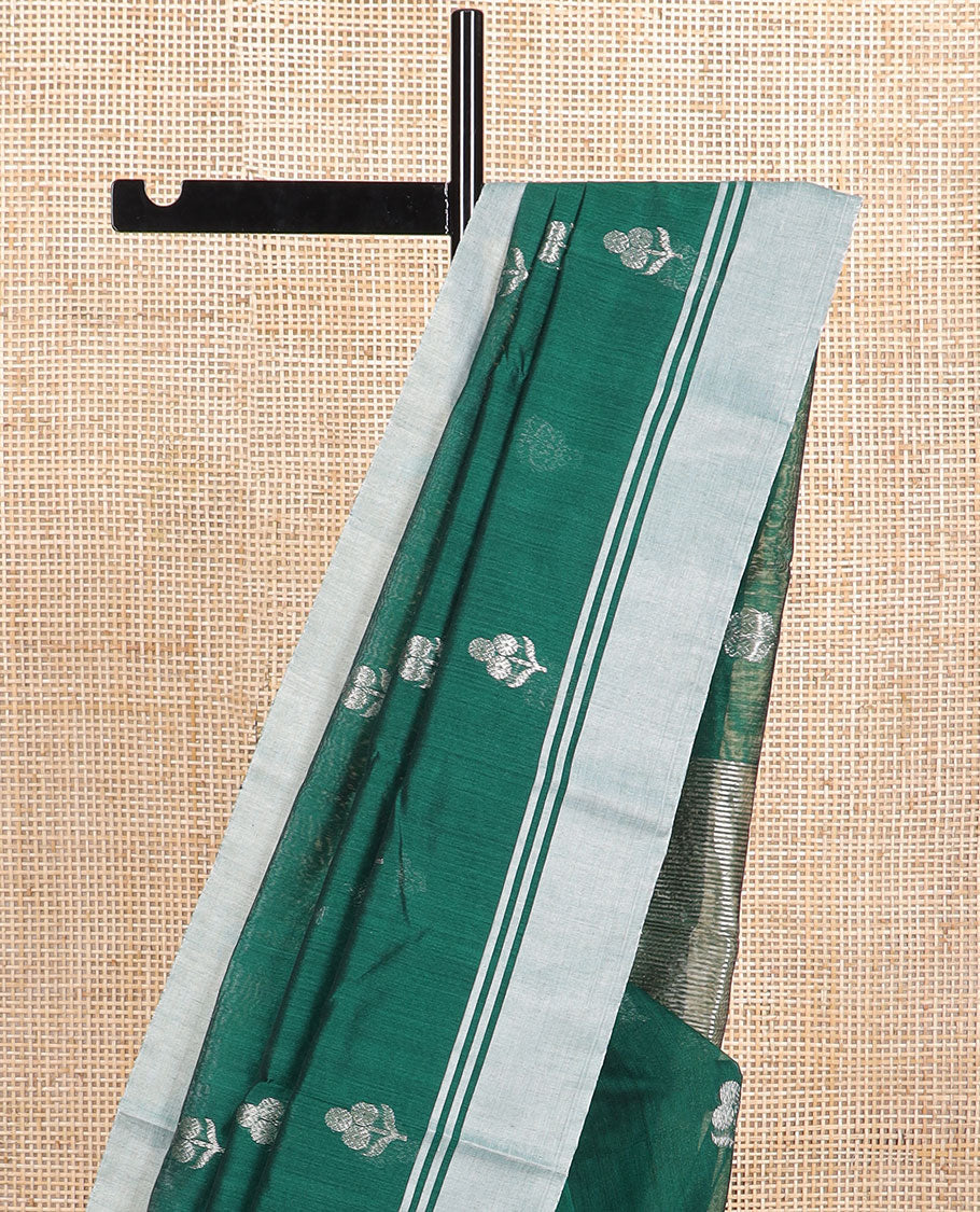 Dark green floral design chanderi cotton saree with self zari border & striped pallu