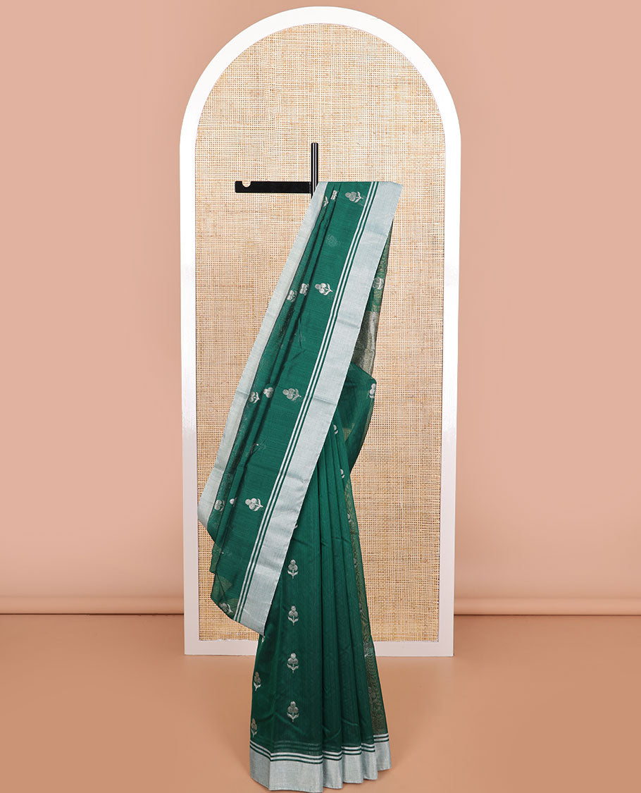 Dark green floral design chanderi cotton saree with self zari border & striped pallu