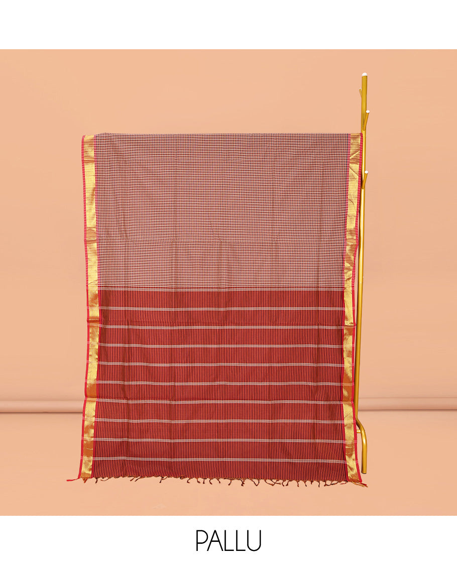 Multi-Color Micro-Checked Poly Cotton Saree, Complemented by Contrast Traditional Zari Design Border, Pallu of Stripes, and Paired with a Contrast Blouse