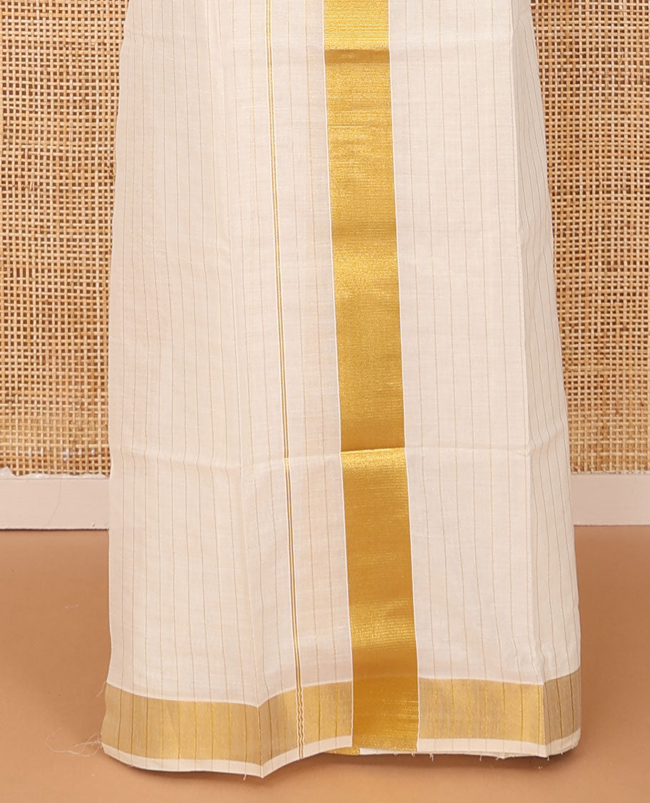 Cream golden vertically striped Kerala Mundu set, zari bavanji border