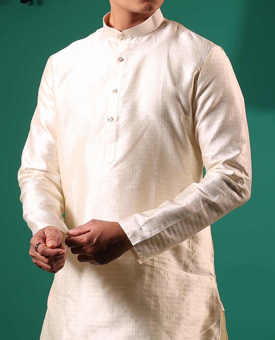 Cream unique patterns embossed full-sleeved men's kurta set