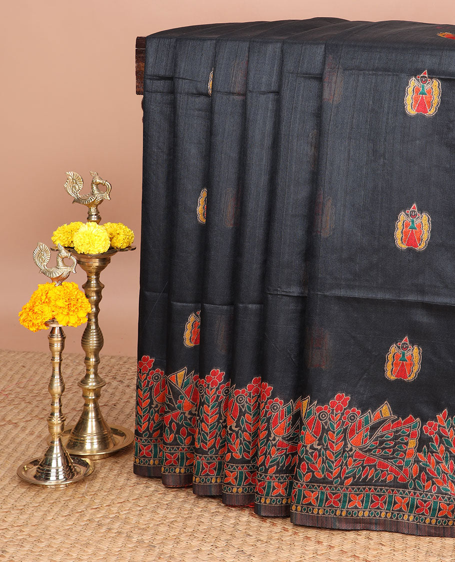 Black madhubani butta embroidery banarasi jute silk saree with madhubani design thread embroidery border & madhubani design thread embroidery, embroidery blouse