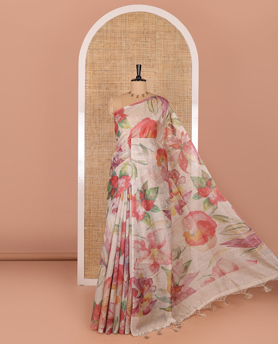 Borderless chikku-base colorful floral printed with buttas fancy tussar saree with a matching printed and zari work blouse