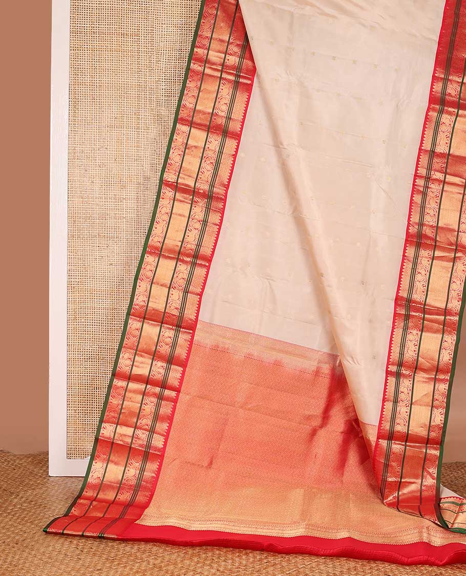 Sandal annam chakram zari buttas silk saree, contrast border of thilakam mokku, Muthu, jaal, kodi yaanai and mayil and jaal pallu