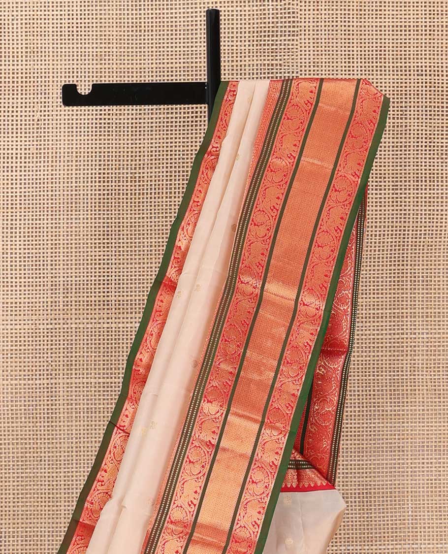 Sandal annam chakram zari buttas silk saree, contrast border of thilakam mokku, Muthu, jaal, kodi yaanai and mayil and jaal pallu
