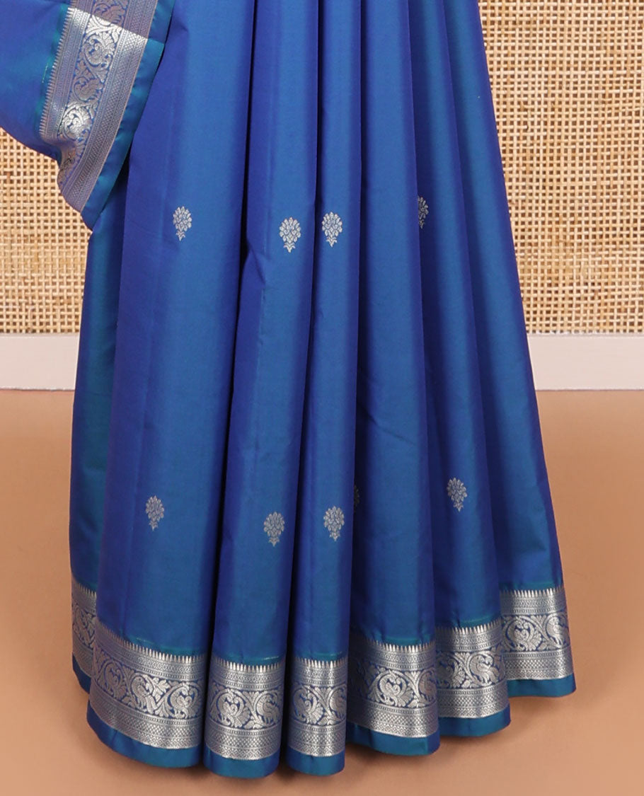 Blue floral buttas vasundhara elite silk saree with self border of traditional zari design & checked floral design pallu