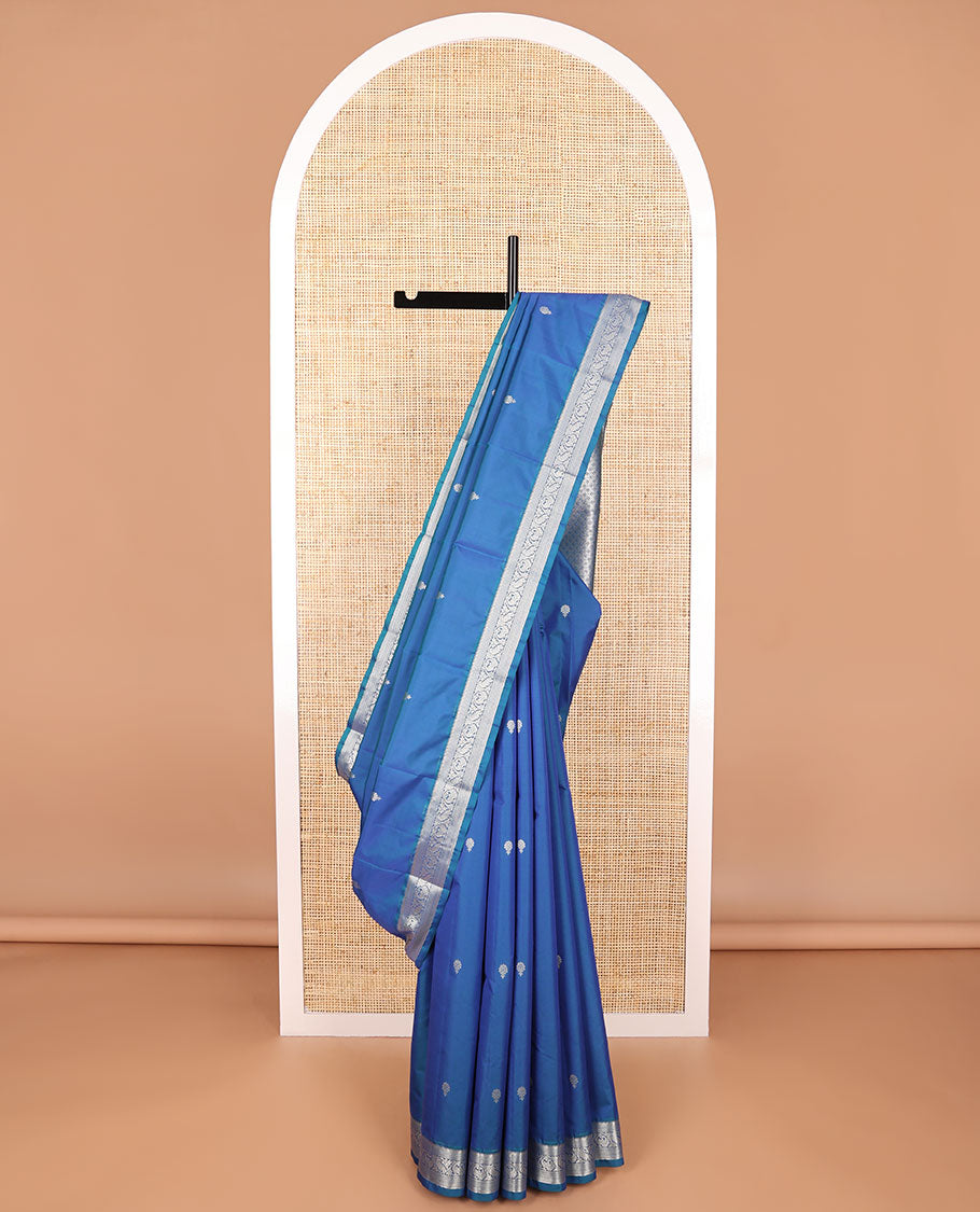 Blue floral buttas vasundhara elite silk saree with self border of traditional zari design & checked floral design pallu