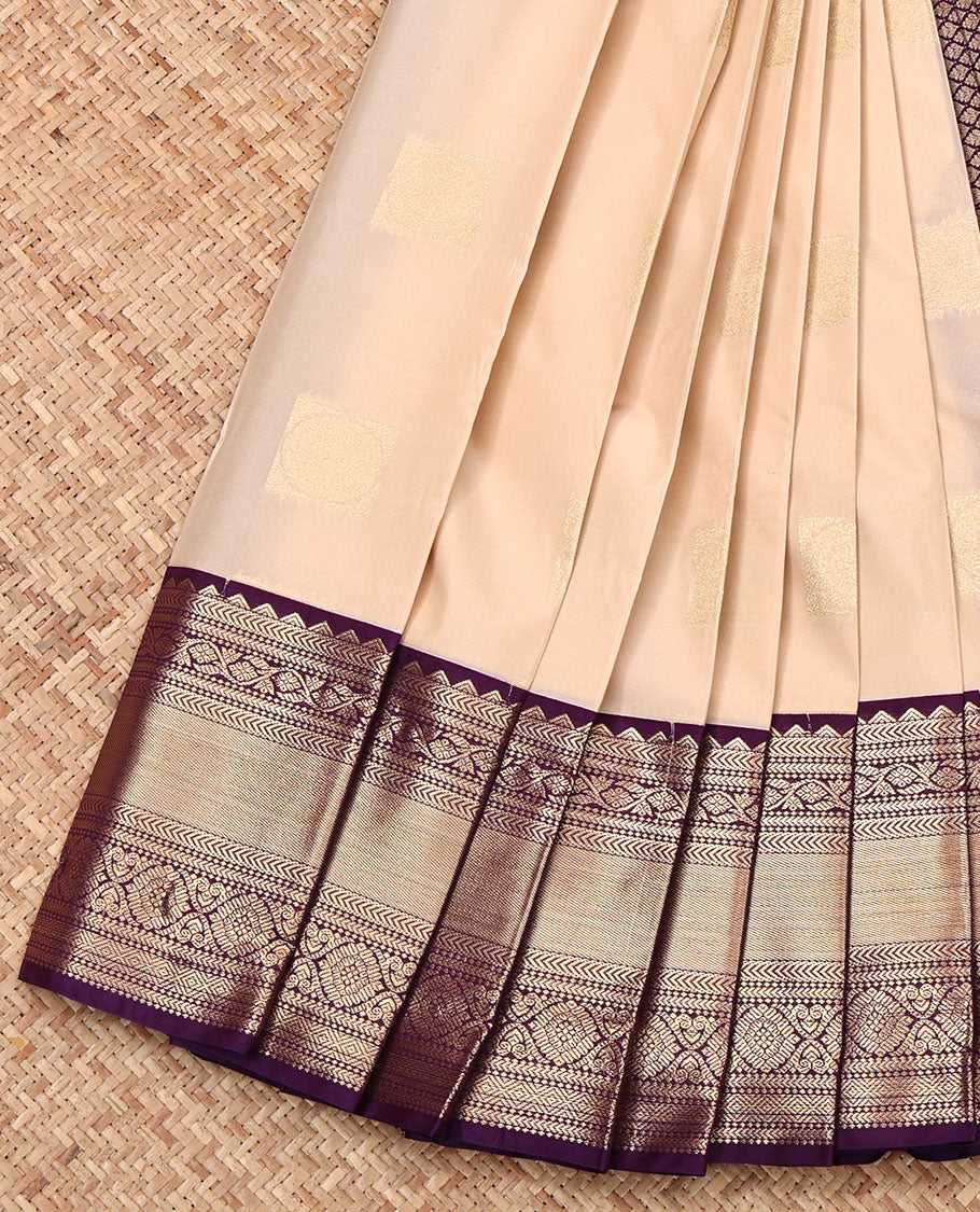 Sandal Budget Silk Saree, Sparsely Sparkled with Zari Buttas and Checks, Complemented by Contrast Traditional Zari Border, Jaal Pallu, and a Contrast Blouse