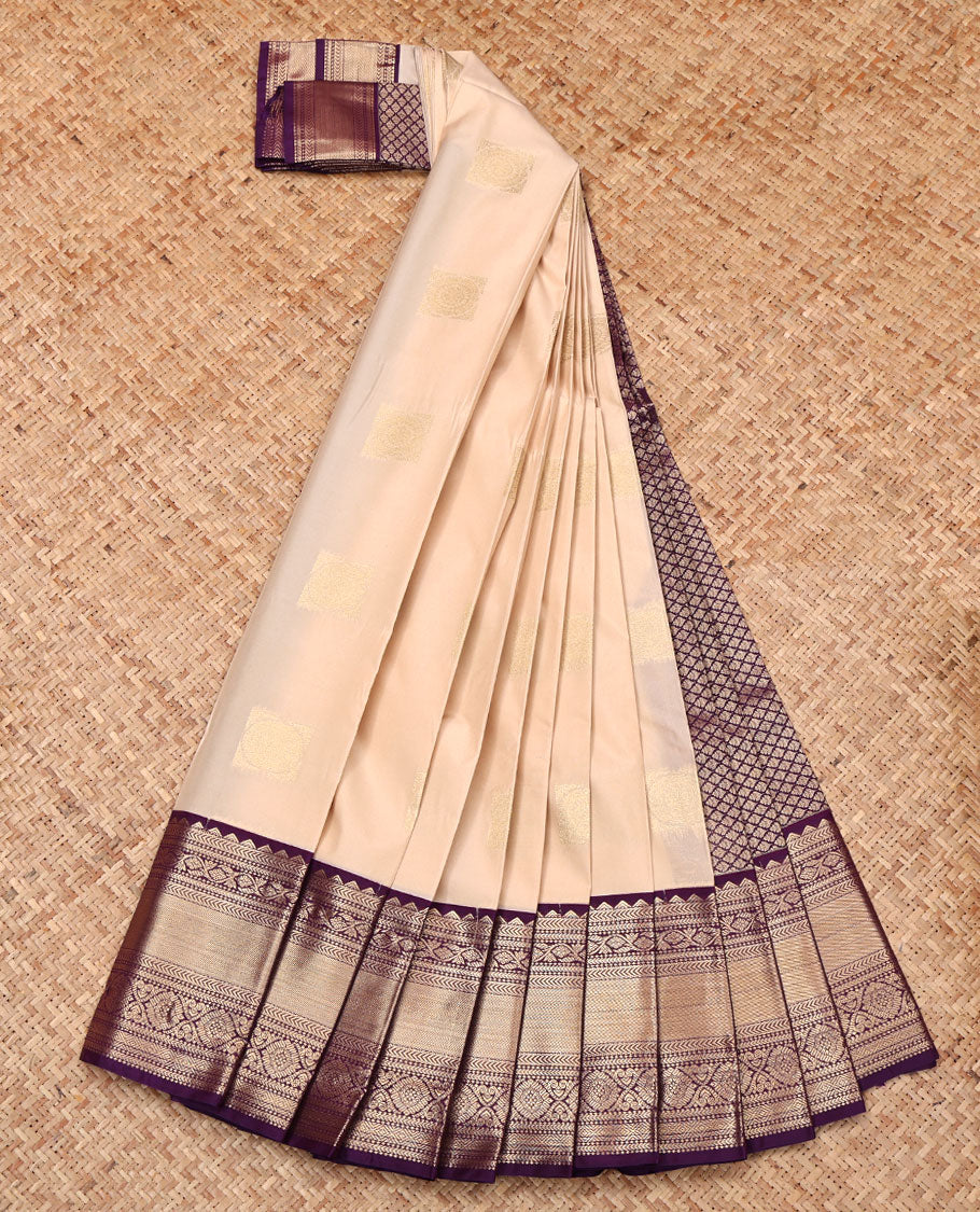 Sandal Budget Silk Saree, Sparsely Sparkled with Zari Buttas and Checks, Complemented by Contrast Traditional Zari Border, Jaal Pallu, and a Contrast Blouse