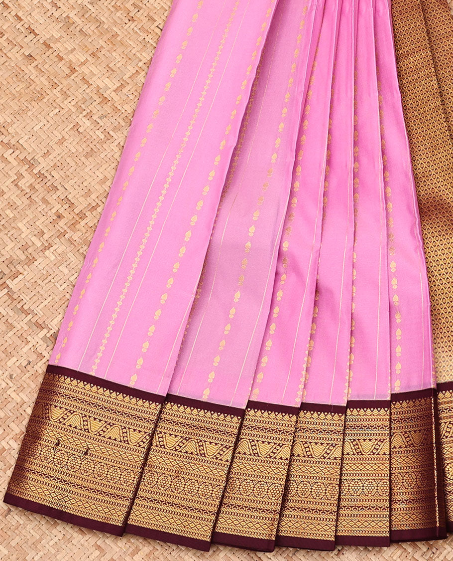 Pink Budget Silk Saree, Elegantly Highlighted with Zari Buttas and Stripes, Complemented by a Contrast Traditional Zari Design Border, Grand Jaal Pallu, and Paired with a Contrast Blouse