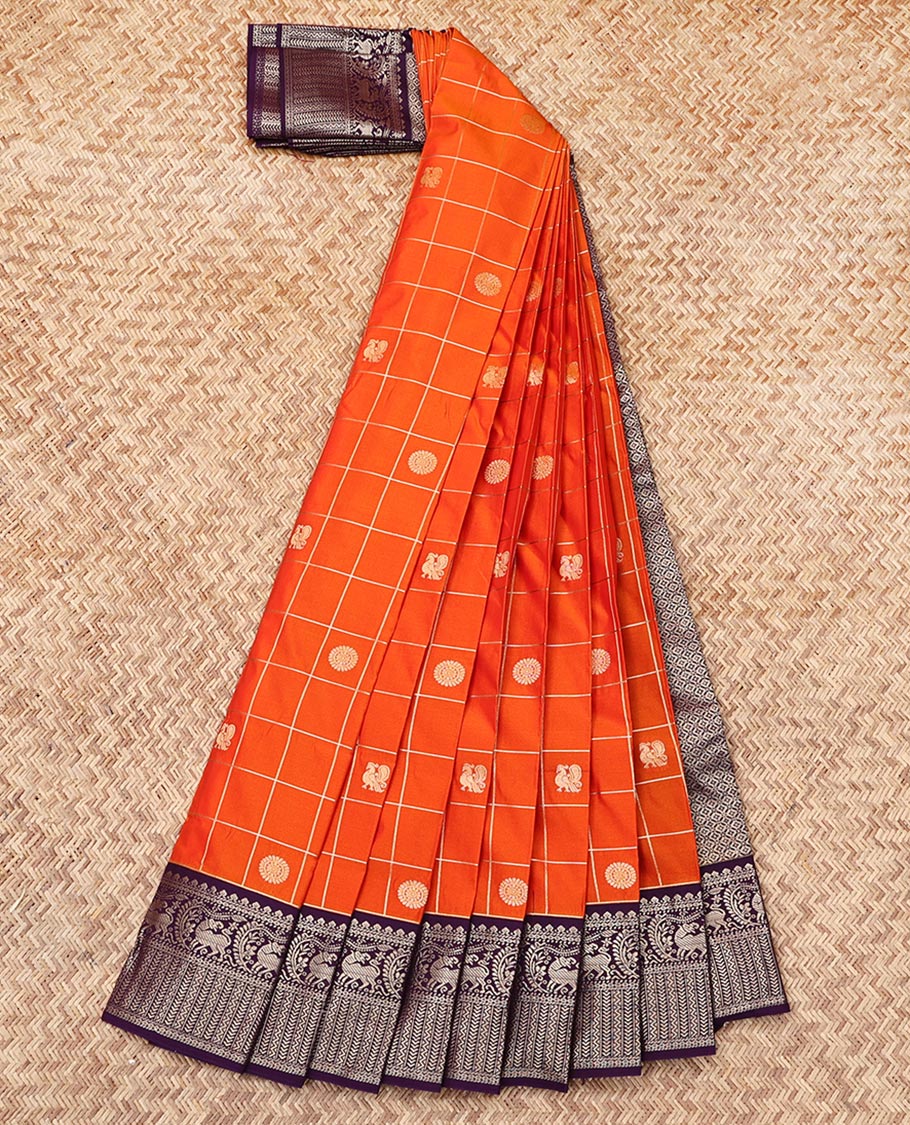 Orange Budget Silk Saree, Finely Crafted with Peacock-Chakram Butta Enclosed Checks, Contrast Traditional Zari Border, Grand Pallu, and a Contrast Blouse