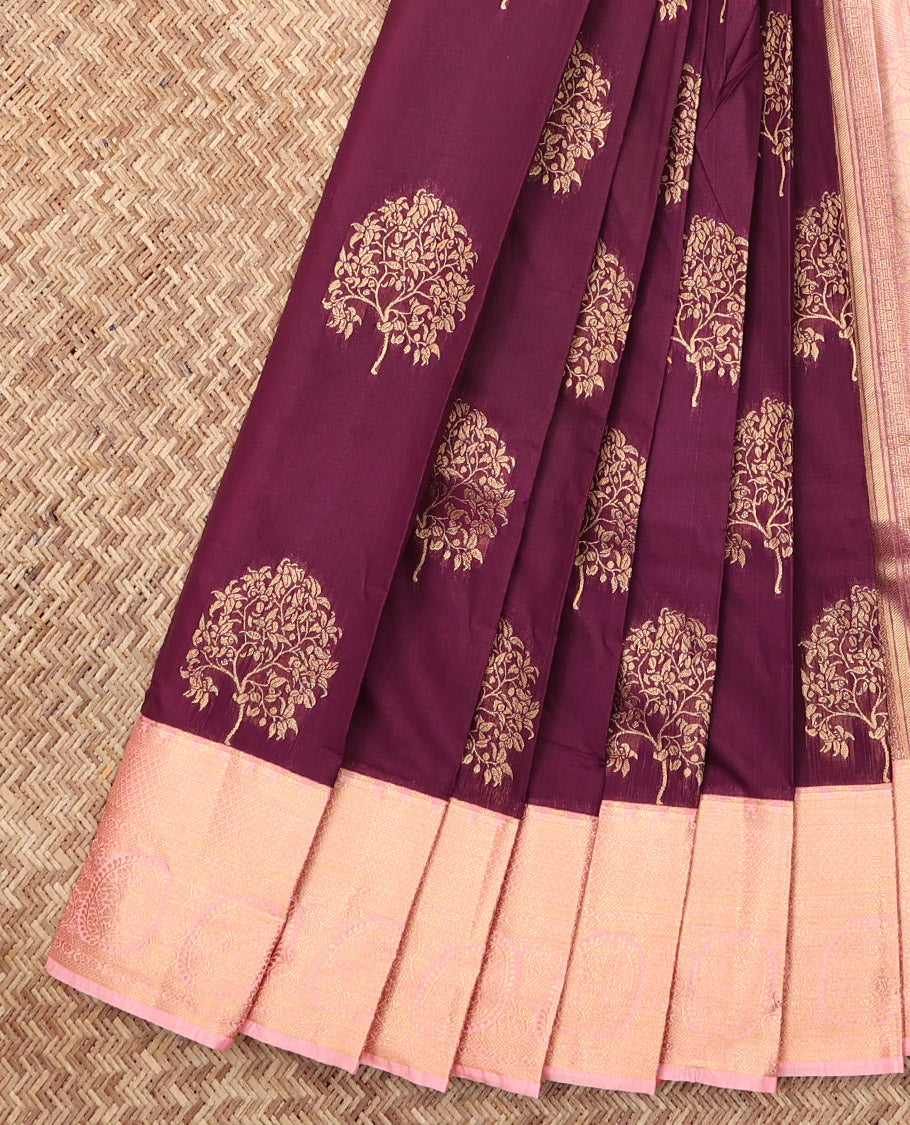 Brown Budget Silk Saree, Enriched with Tree Buttas, Complemented by a Contrast Traditional Zari Border, Grand Pallu, and a Contrast Blouse