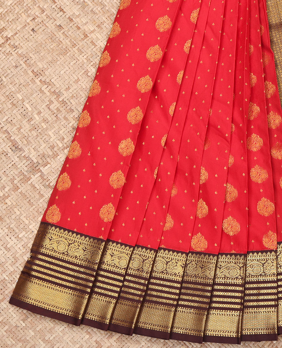 Red Budget Silk Saree, Embellished with Zari Buttas on Its Body, Complemented by a Contrast Traditional Zari Border, Grand Jaal Pallu, and Paired with a Contrast Blouse