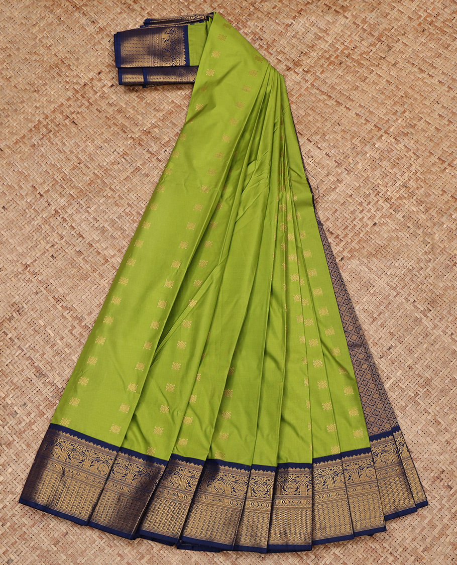 Parrot Green Budget Silk Saree, Finely Crafted with Zari Buttas All Over Its Body, Complemented by a Contrast Traditional Zari Design Border, Grand Jaal Pallu, and Paired with a Contrast Blouse