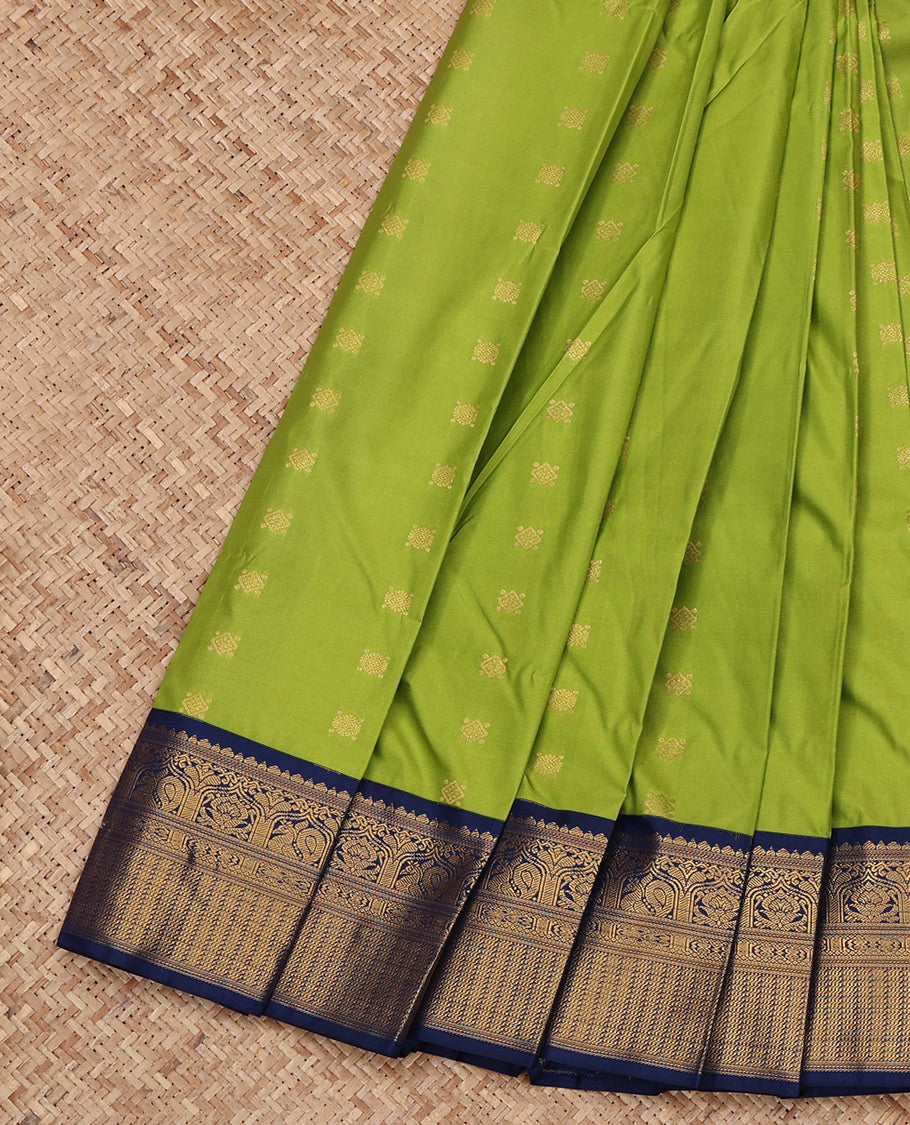 Parrot Green Budget Silk Saree, Finely Crafted with Zari Buttas All Over Its Body, Complemented by a Contrast Traditional Zari Design Border, Grand Jaal Pallu, and Paired with a Contrast Blouse