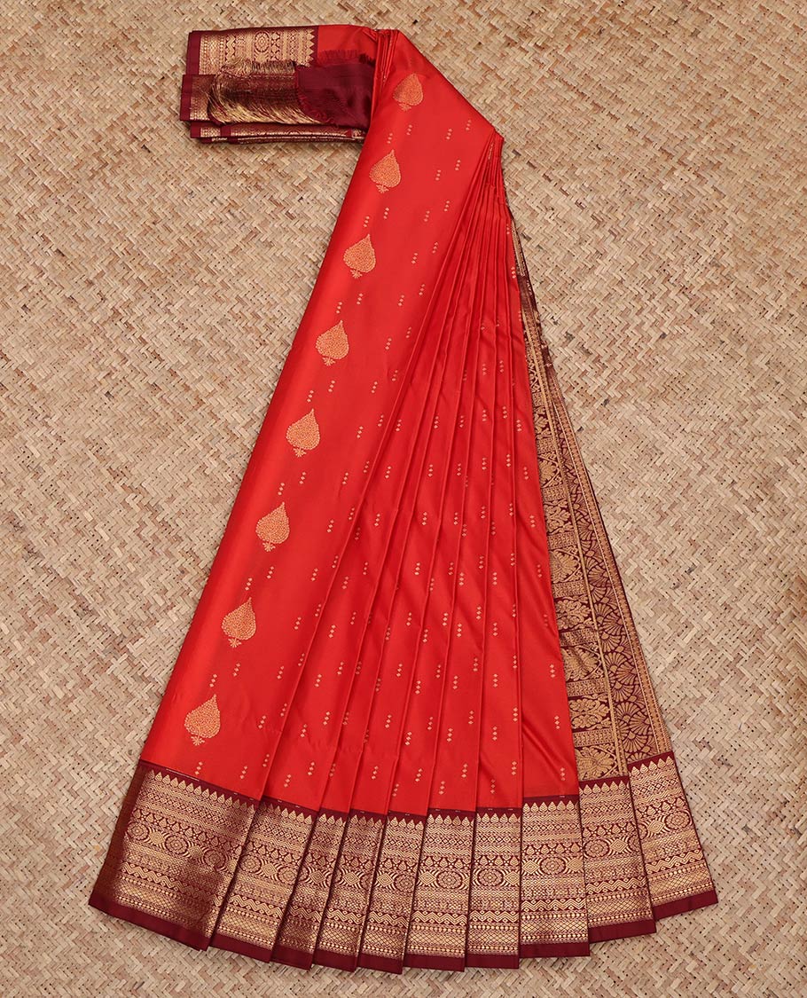 Red Budget Silk Saree, Accentuated with Zari Buttas on Its Body, Complemented by a Contrast Traditional Zari Design Border, Intricately Designed Pallu, and Paired with a Contrast Blouse