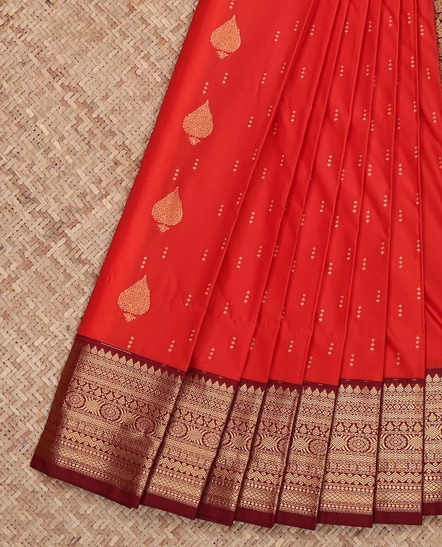 Red Budget Silk Saree, Accentuated with Zari Buttas on Its Body, Complemented by a Contrast Traditional Zari Design Border, Intricately Designed Pallu, and Paired with a Contrast Blouse