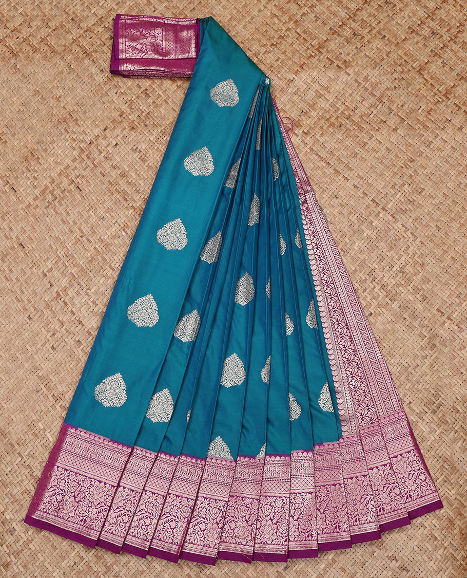 Blue Budget Silk Saree, Detailed with Zari Buttas All Over Its Body, Complemented by a Contrast Traditional Zari Design Border, Intricately Designed Pallu, and Paired with a Contrast Blouse