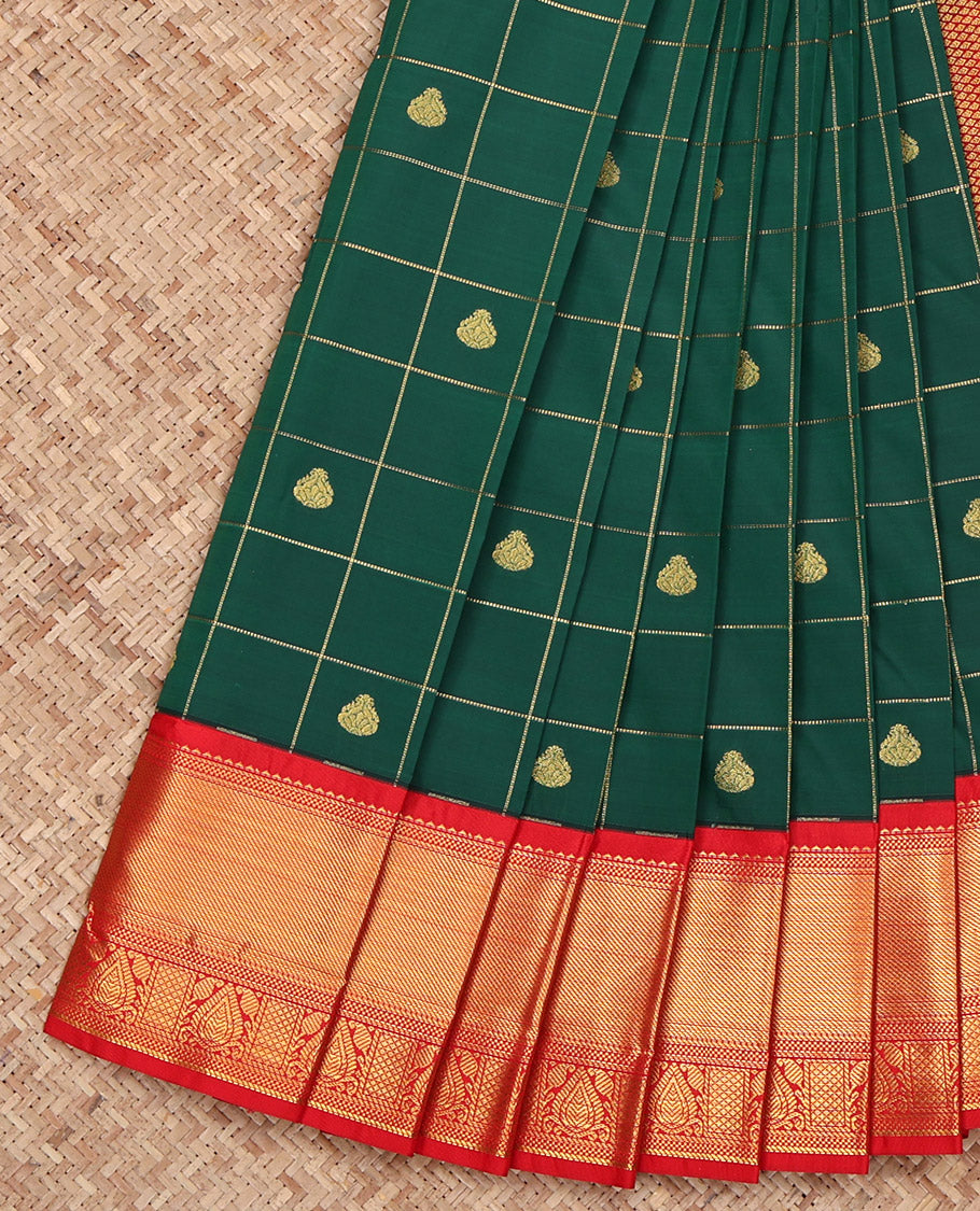 Green Budget Silk Saree, Decked Up with Zari Butta Enclosed Checks on Its Body, Complemented by a Contrast Traditional Zari Design Border, Grand Jaal Pallu, and Paired with a Contrast Blouse