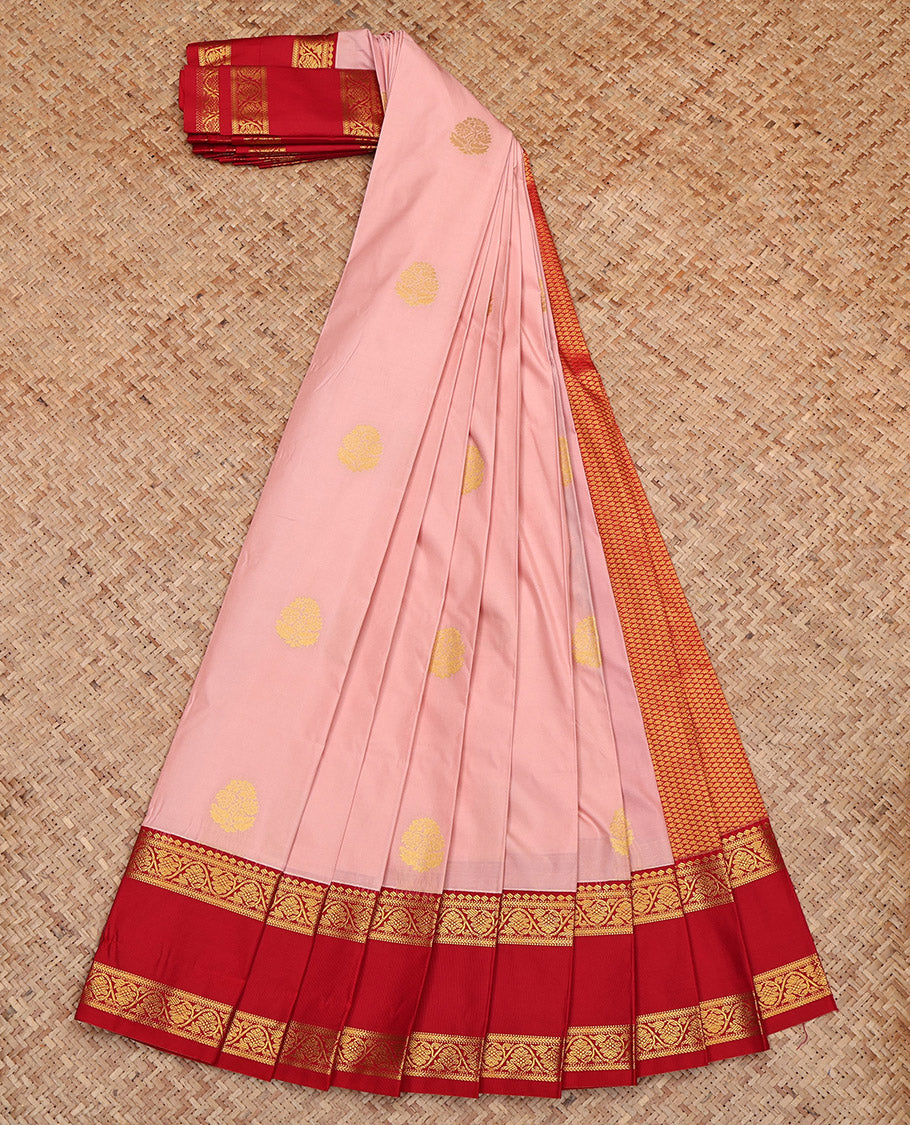 Pink Budget Silk Saree Featuring Zari Buttas, Complemented by Contrast Floral Creeper Rettai Pettu Border, Grand Pallu and a Contrast Blouse