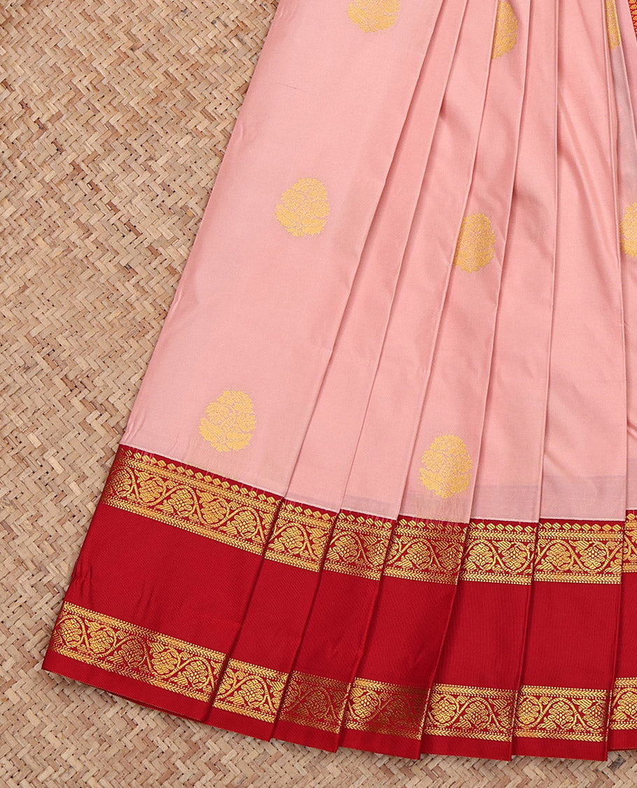 Pink Budget Silk Saree Featuring Zari Buttas, Complemented by Contrast Floral Creeper Rettai Pettu Border, Grand Pallu and a Contrast Blouse