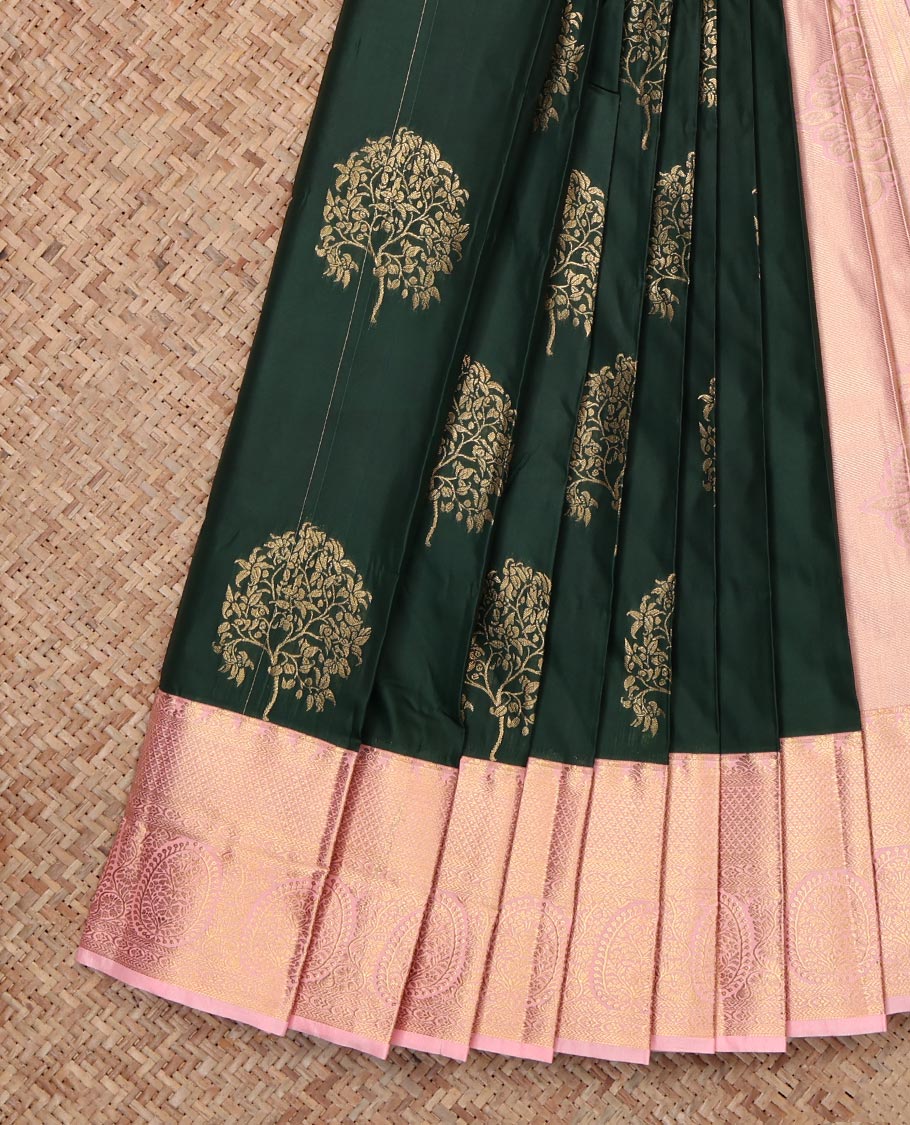 Black Budget Silk Saree, Richly Decked Up with Tree Motifs, Contrast Traditional Zari Border, Grand Pallu and a Contrast Blouse