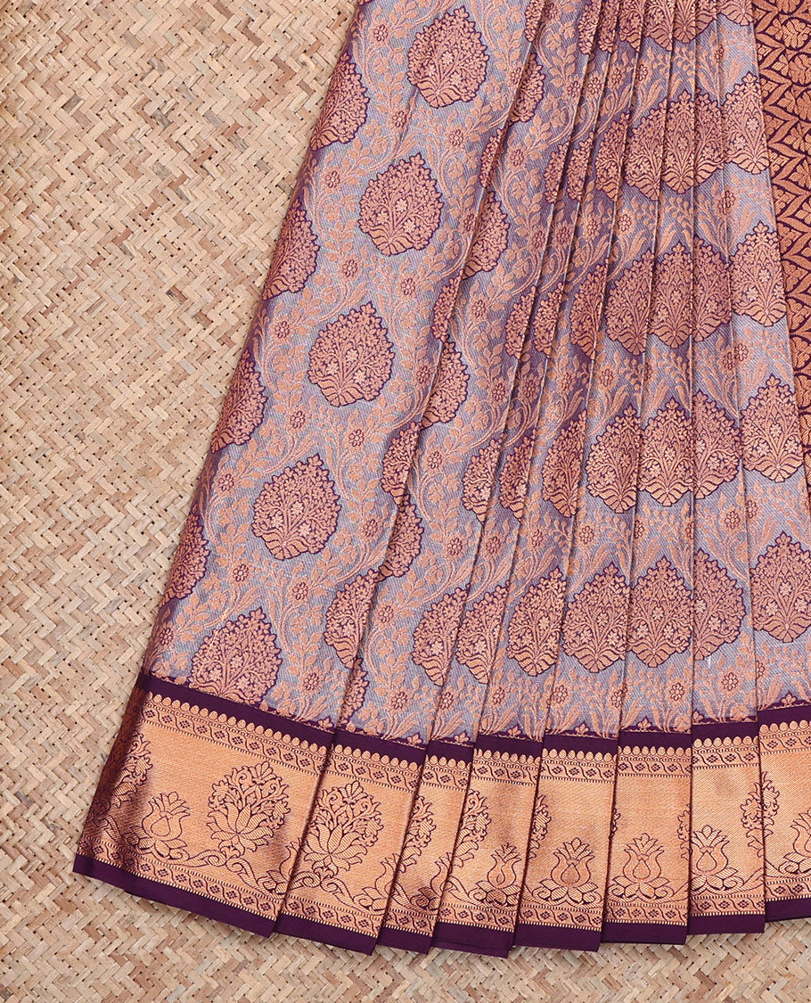 Grey Budget Silk Saree, Gleamed Up with Jacquard, Complemented by Contrast Traditional Zari Border, Intricate Pallu, and a Contrast Blouse