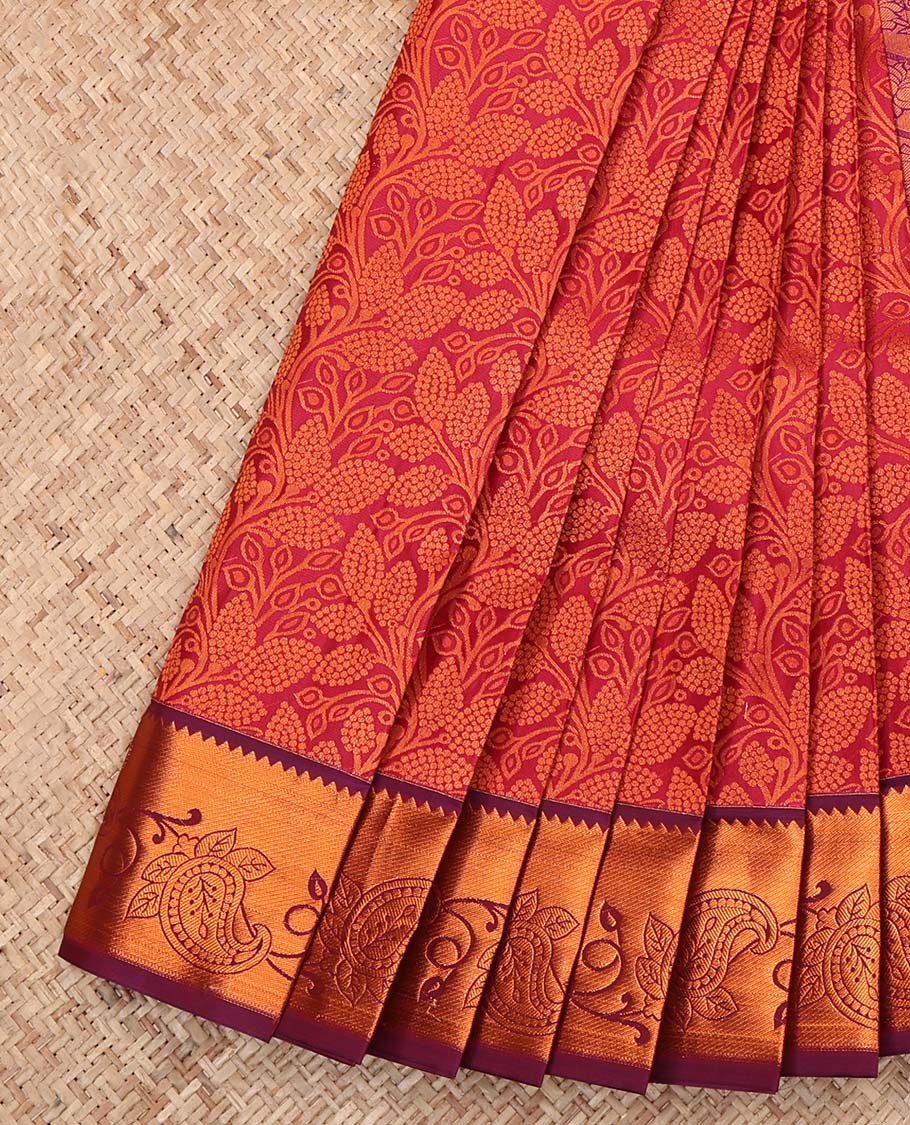 Red Budget Silk Saree, Detailed with a Floral Vine Design, Complemented by a Contrast Floral Creeper Zari Border, Grand Jaal Pallu, and a Contrast Blouse
