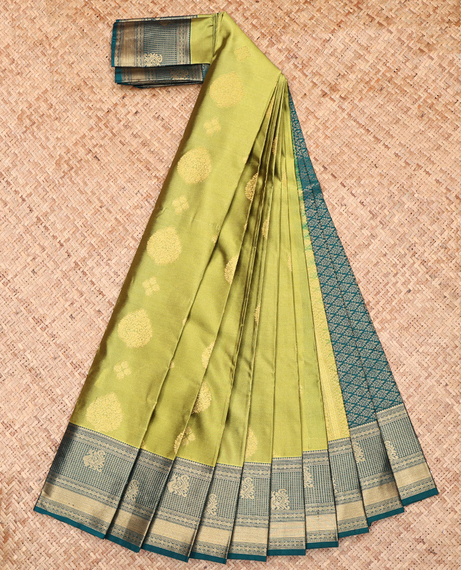 Green Budget Silk Saree, Subtly Sparkled with Zari Buttas, Complemented by a Contrast Traditional Zari Border, Grand Pallu, and a Contrast Blouse