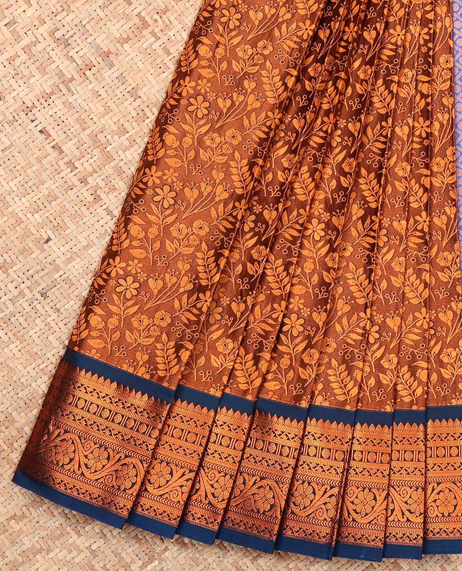 Brown Budget Silk Saree, Enriched with Floral Vine Design, Complemented by Contrast Traditional Zari Border, a Jaal Pallu and a Contrast Blouse