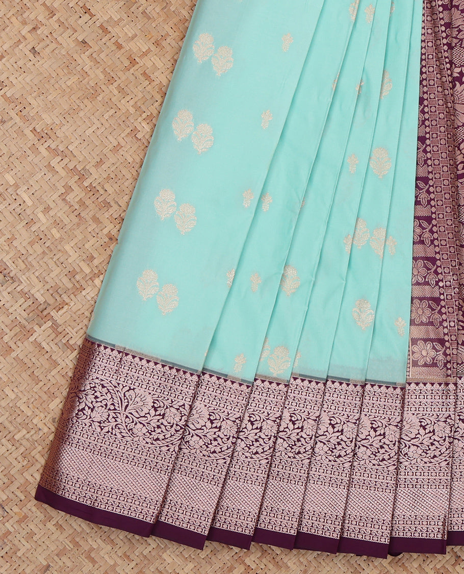 Pale Blue Budget Silk Saree, Sparsely Sparkled with Zari Buttas, Complemented by a Contrast Traditional Zari Border, Grand Pallu, and a Contrast Blouse