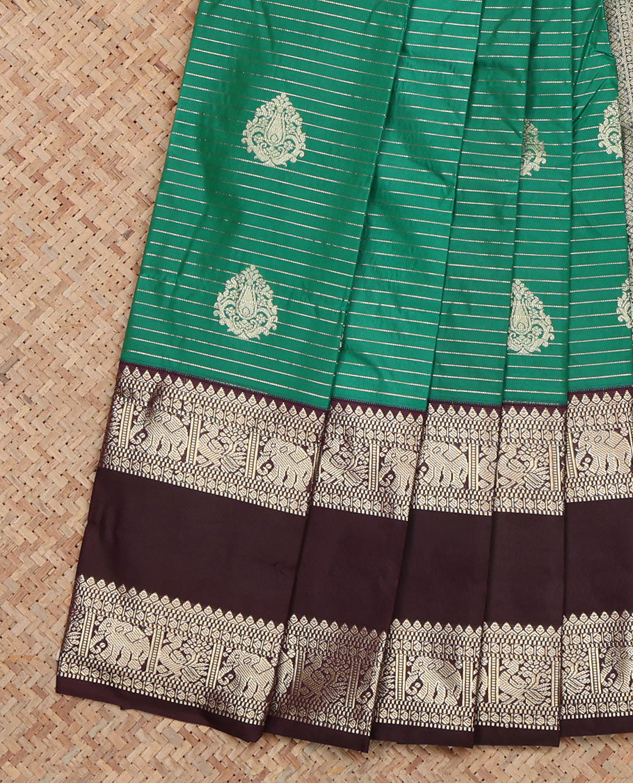 Green Budget Silk Saree, Prettified with Stripes and Floral Buttas, a Contrast Rettai Pettu Zari Border, a Grand Pallu and a Contrast Blouse