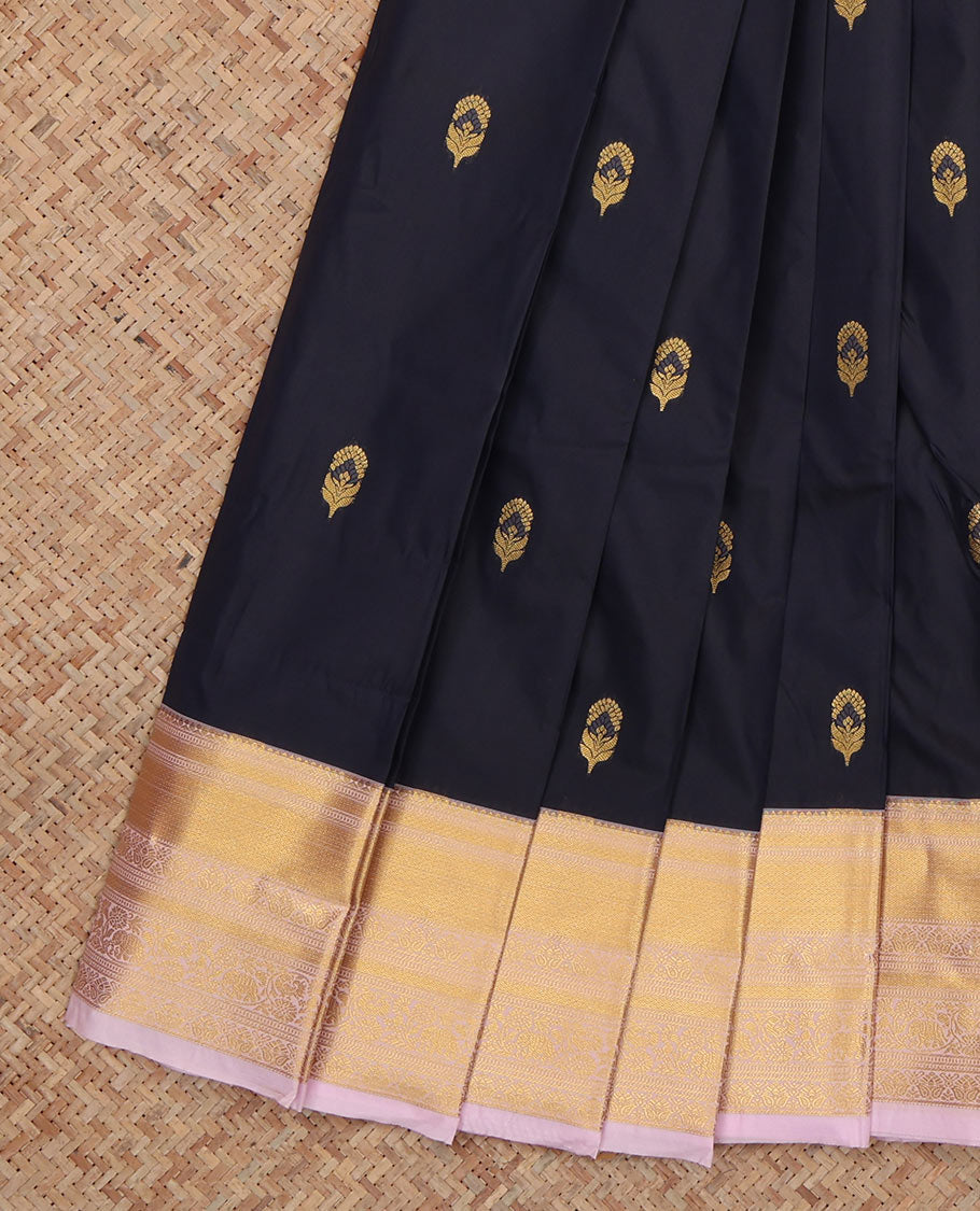 Black Budget Silk Saree, Enriched with Zari Buttas, Complemented by Contrast Traditional Zari Border, a Grand Pallu and a Contrast Blouse