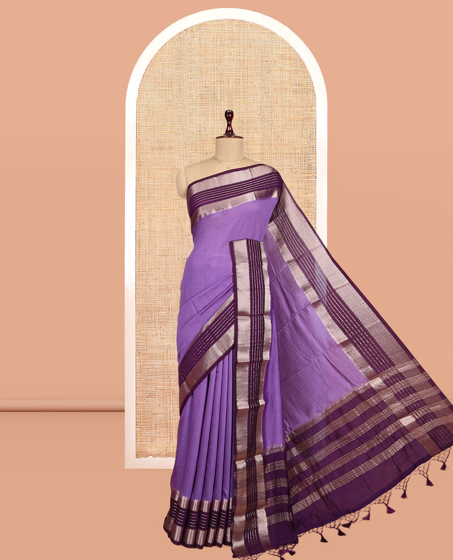 Lavender Plain Assam Silk Saree, Complemented by Contrast Traditional Zari Border, Zari Woven Pallu, and Contrast Blouse