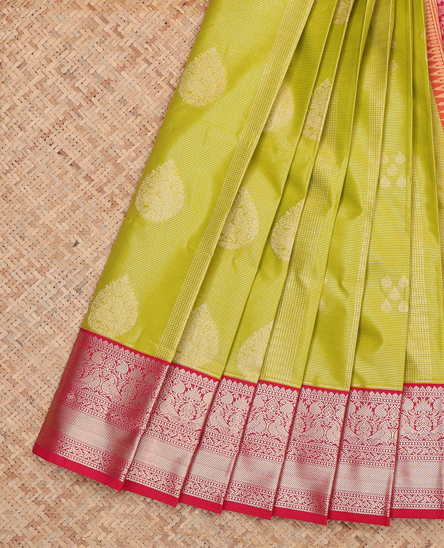 Green Budget Silk Saree, Decorated with Zari Buttas, Complemented by a Contrast Traditional Zari Border, Paisley Pallu, and Contrast Blouse