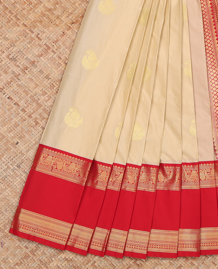 Light Sandal Budget Silk Saree, Crafted with Zari Buttas, a Contrast Traditional Zari Rettai Pettu Border, Grand Pallu, and a Contrast Blouse