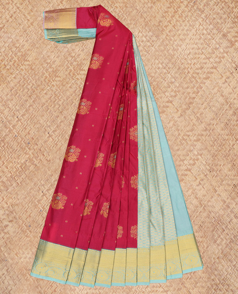 Red Budget Silk Saree, Highlighted by Zari Buttas, a Contrast Traditional Zari Border, Grand Jaal Pallu, and a Contrast Blouse