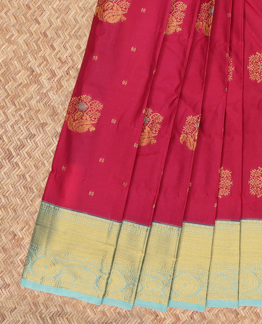 Red Budget Silk Saree, Highlighted by Zari Buttas, a Contrast Traditional Zari Border, Grand Jaal Pallu, and a Contrast Blouse