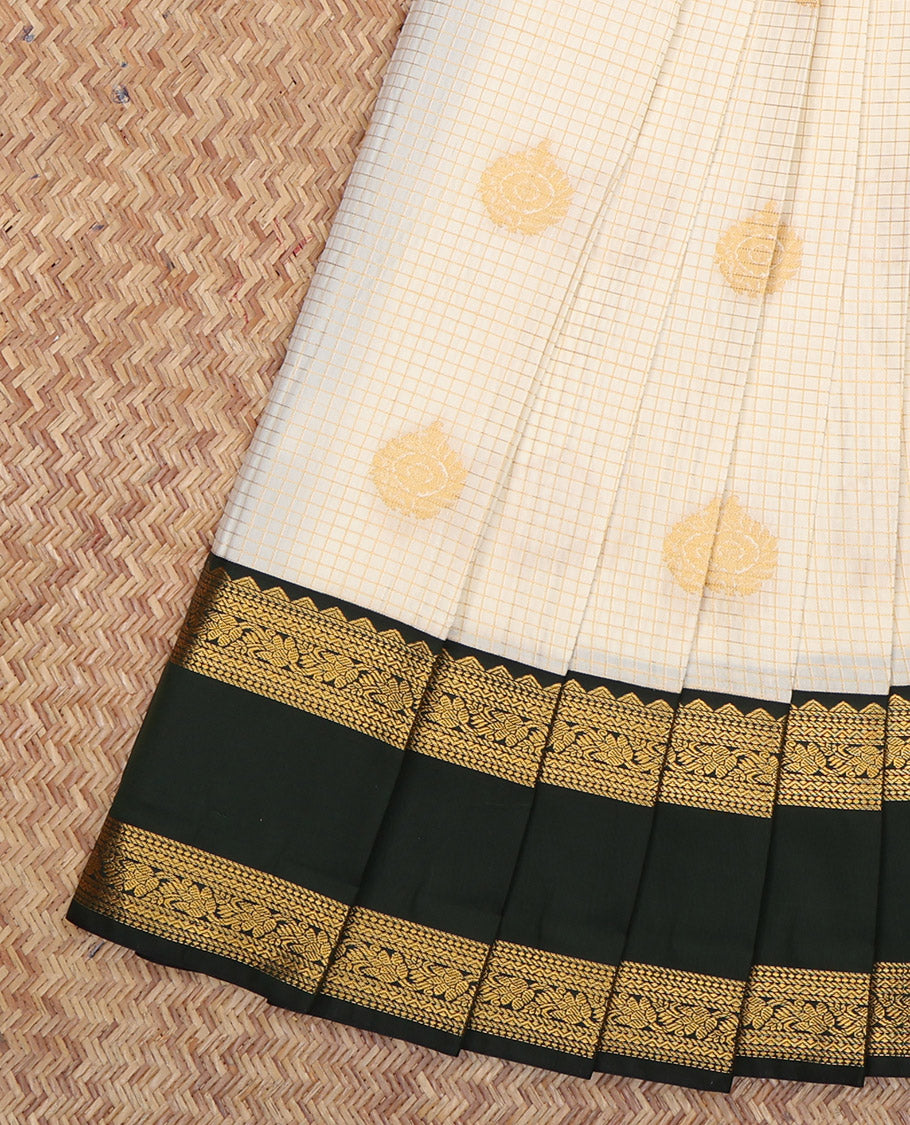 Cream Budget Silk Saree, Enthralled with Zari Buttas and Checks, a Contrast Traditional Zari Rettai Pettu Border, Grand Pallu, and a Contrast Blouse