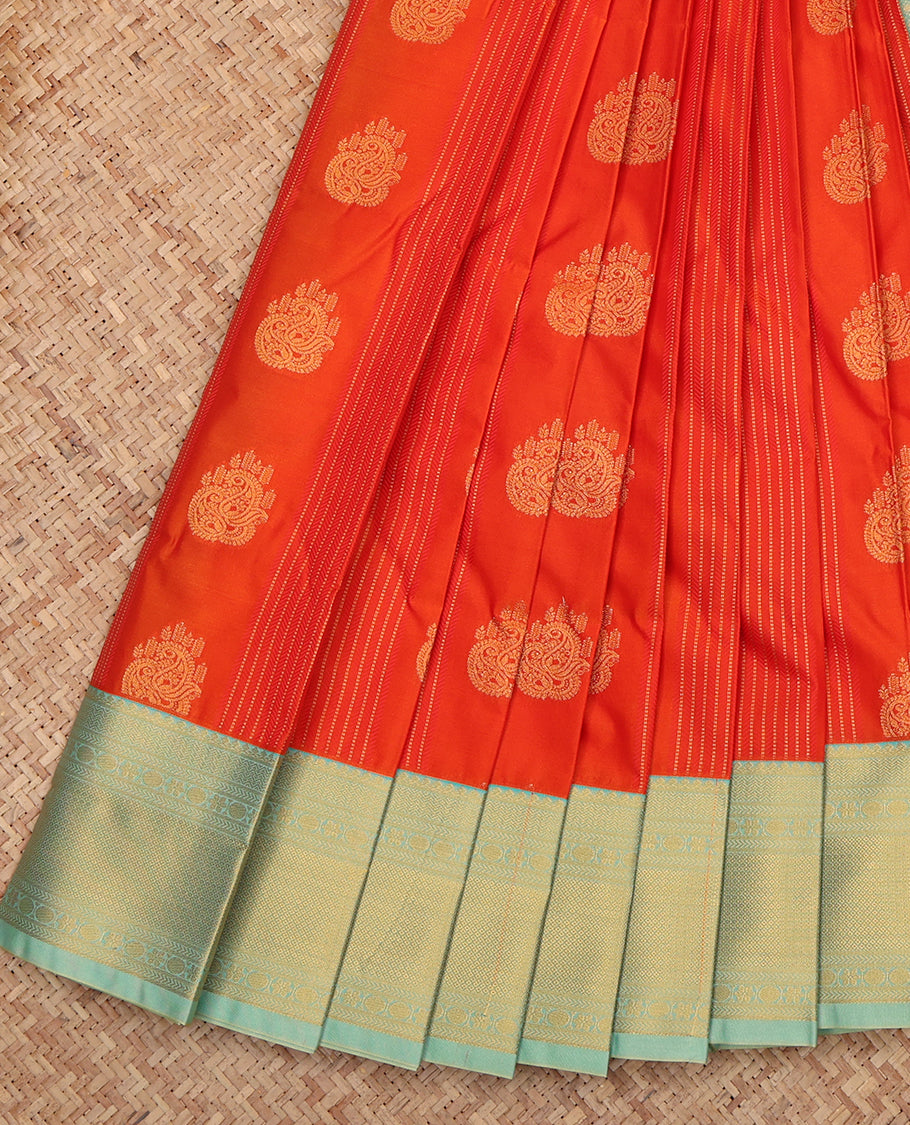 Orange Budget Silk Saree, Gleamed Up with Buttas and Stripes, a Contrast Traditional Zari Border, Grand Pallu, and a Contrast Blouse
