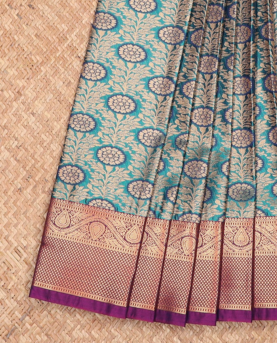 Blue jacquard gift saree, contrast traditional zari border, and pallu of jaal designs