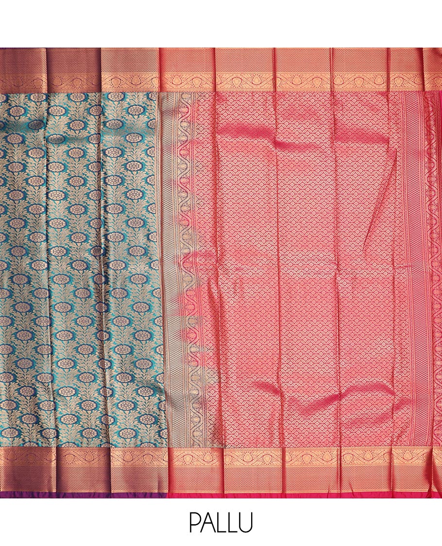 Blue jacquard gift saree, contrast traditional zari border, and pallu of jaal designs