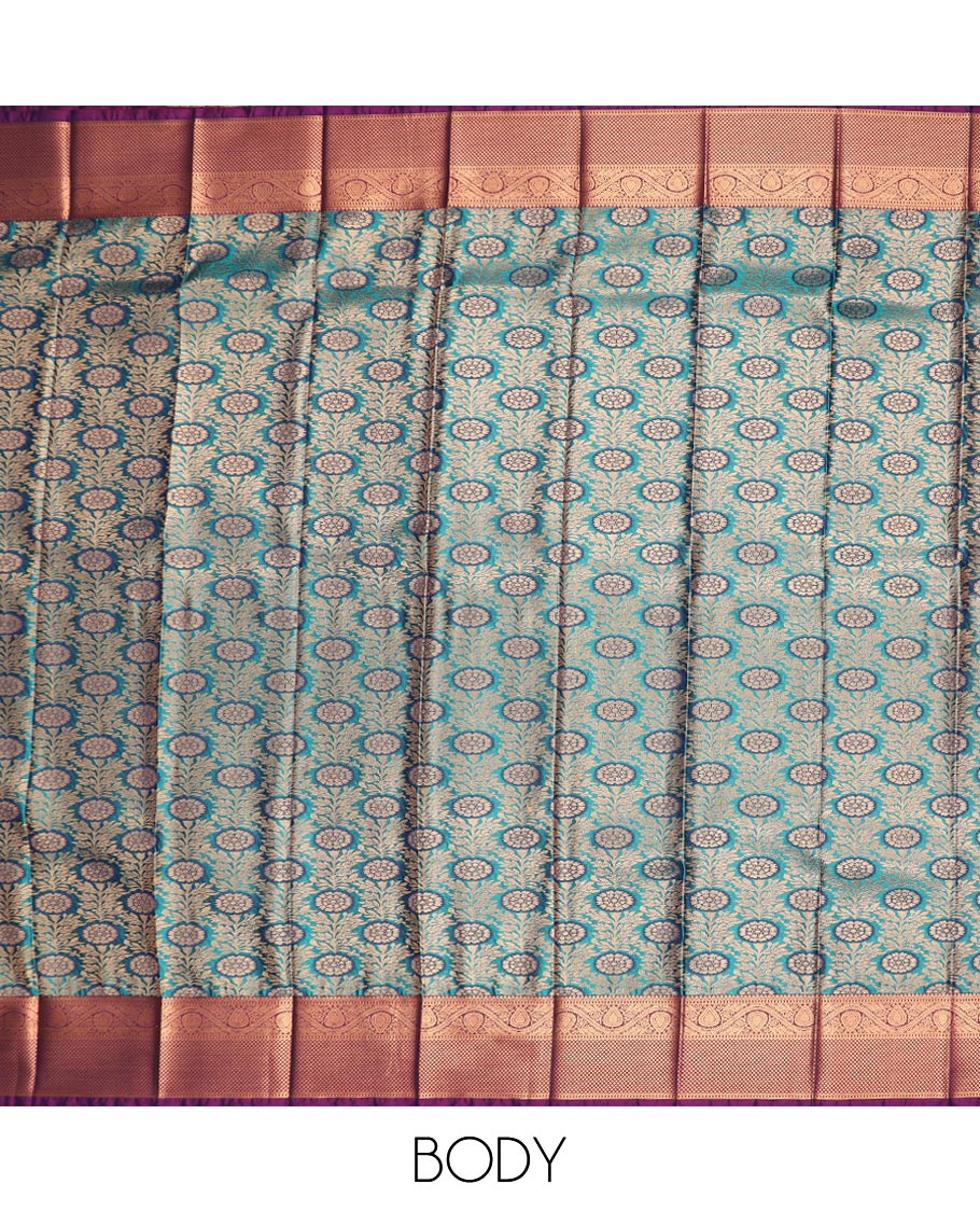 Blue jacquard gift saree, contrast traditional zari border, and pallu of jaal designs