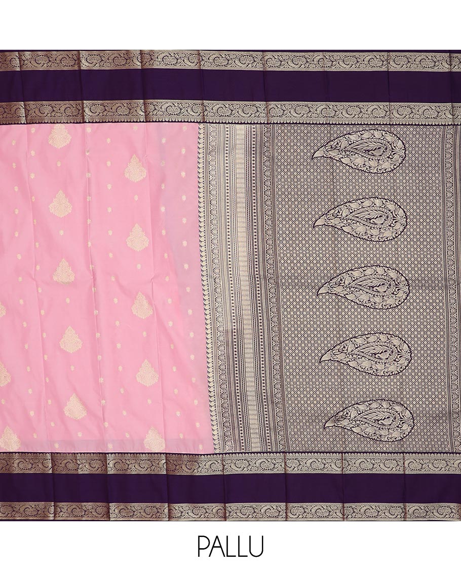 Pink zari buttas gift saree, contrast traditional zari rettai pettu border, and pallu of jaal and paisleys