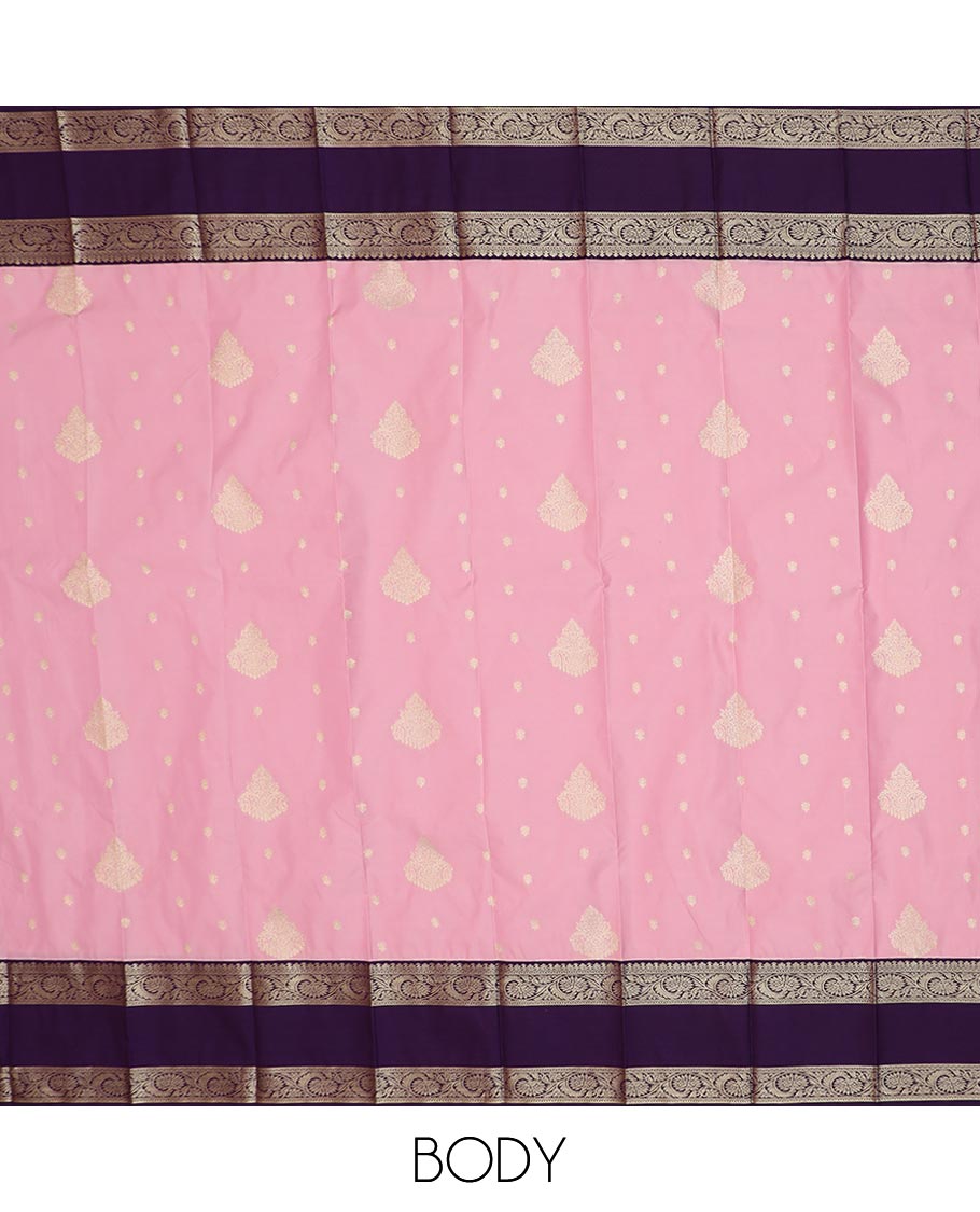 Pink zari buttas gift saree, contrast traditional zari rettai pettu border, and pallu of jaal and paisleys