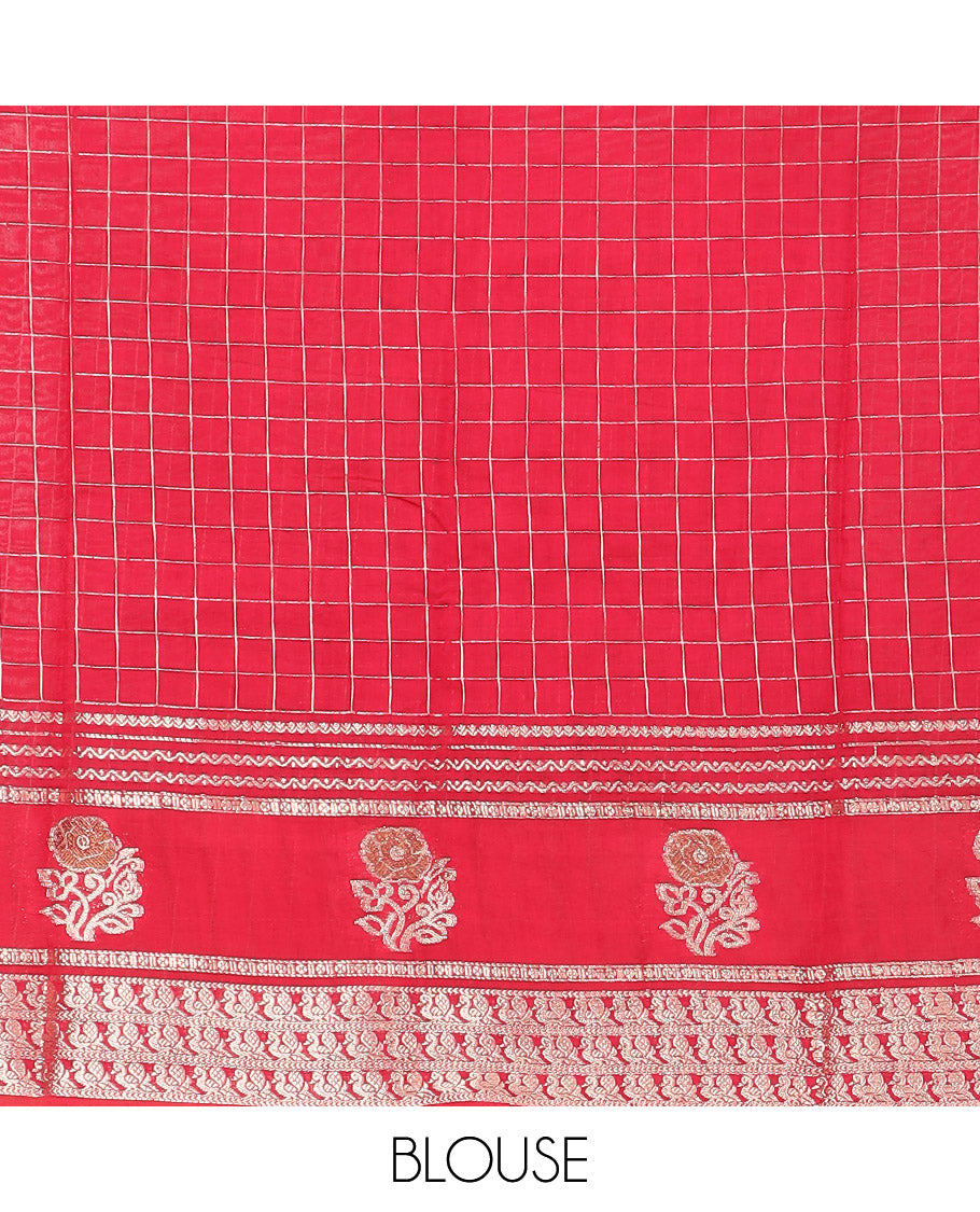 Purple Assam Silk Saree Enriched with Zari Checks, Complemented by Contrast Zari Border of Peacock and Floral Zari Designs, a Delicately Woven Pallu of Zari Stripes, and Paired with a Contrast Blouse