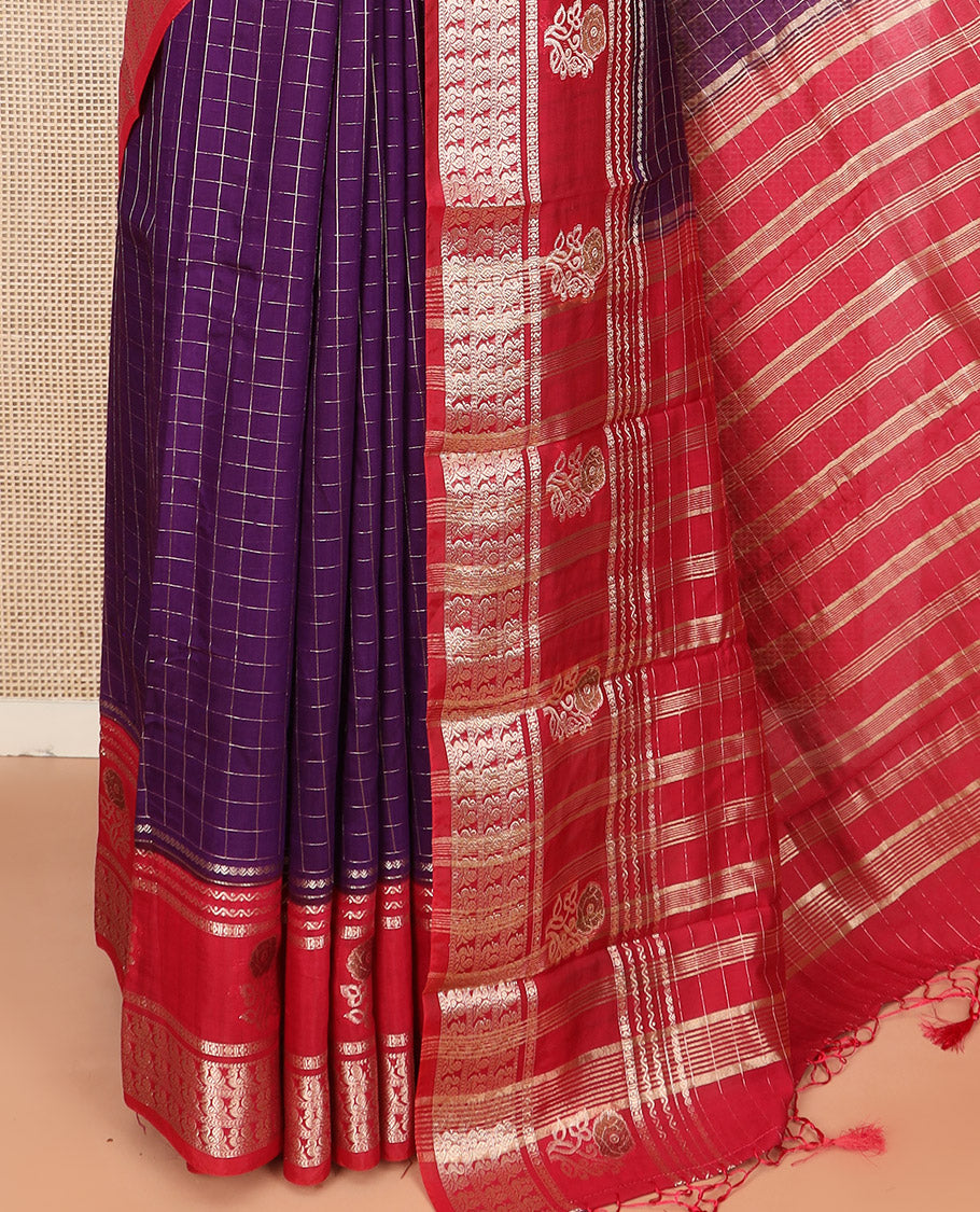 Purple Assam Silk Saree Enriched with Zari Checks, Complemented by Contrast Zari Border of Peacock and Floral Zari Designs, a Delicately Woven Pallu of Zari Stripes, and Paired with a Contrast Blouse